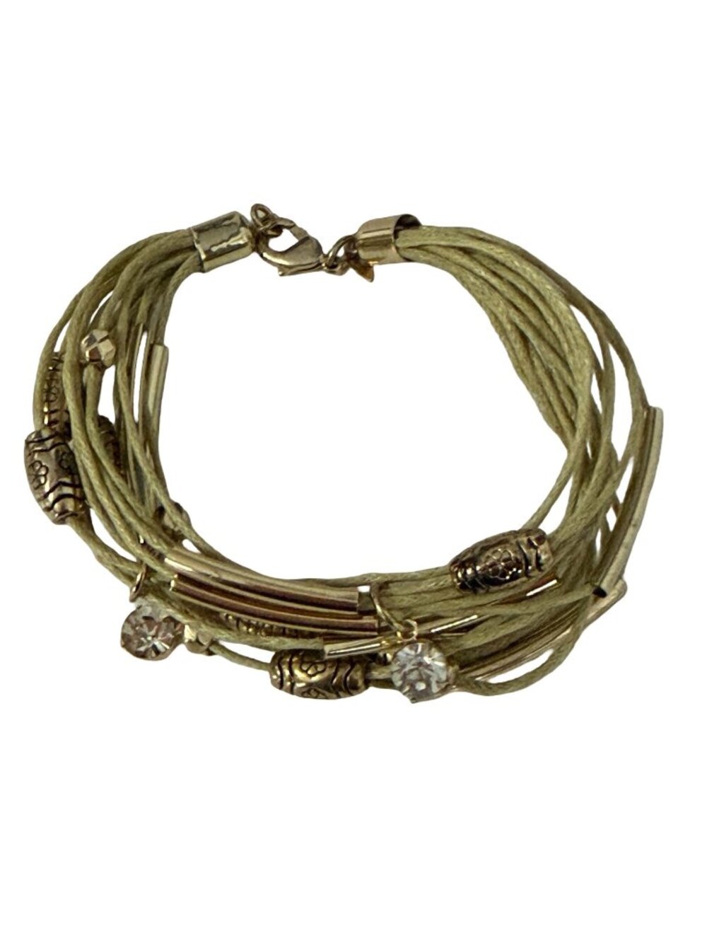 Vintage SAQ Multi Strand Beige Cord Bracelet Gold Tone Rhinestone Layered Boho A